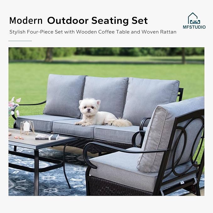 MFSTUDIO 4 Pieces Outdoor Patio Furniture Set, Metal Outdoor Conversation Set, Rattan Wicker Patio Sectional Set with 2 x Fixed Single Sofa, 3-Seat Sofa, 1 x Fire Pit Table, Grey