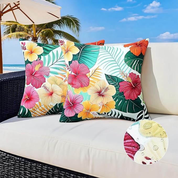 Outdoor Pillow Covers 18x18 Inch Set of 2 Tropical Floral Plants Boho Throw Pillows Cases Waterproof Square Garden Cushion Sham for Patio Funiture Tent Balcony Bench Sofa Couch, Green