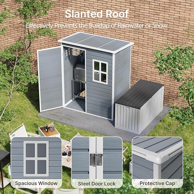 Gizoon 5x3 FT Outdoor Storage Shed with Lockable Door, Resin Weatherproof Plastic Garden Shed with Floor & Ventilation, Backyard Shed for Patio, Lawn Tools, Bike, and Toys