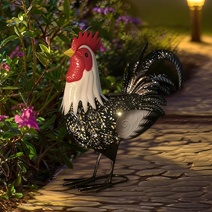 Metal Rooster Statue Yard Decor - 15" Solar Light Metal Yard Art Standing Chicken Statue Garden Decoration, Large Animal Sculpture Chicken Themed Gift for Outdoor Porch Patio Backyard Lawn Ornament