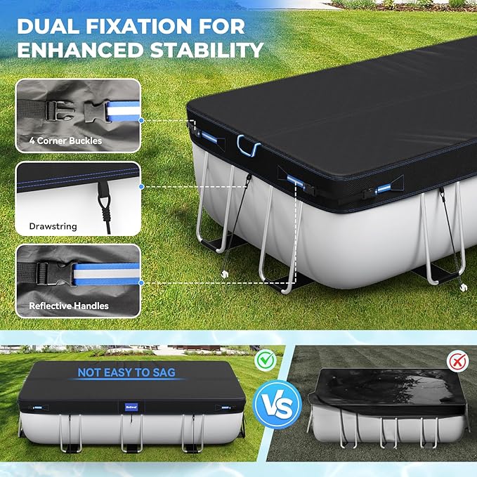 9x18 Ft Rectangular Pool Cover with Reflective Strips for Above Ground Pool, 420D Swimming Pool Cover for Rectangular or Oval Frame Pools, Solar Cover with Drawstring and Ground Nails