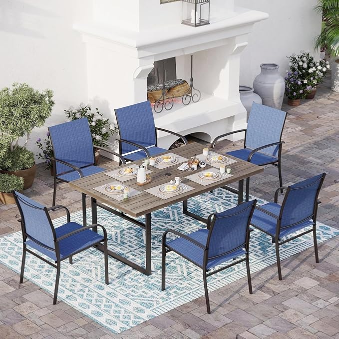 7 Piece Patio Dining Set for 6, 64” Rectangular Wood-Like Steel Dining Table with Umbrella Hole, 6 x Blue Chairs, Outdoor Table and Chairs Set for Lawn Backyard and Deck