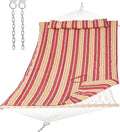 SUNCREAT Two Person Rope Hammock with Pad, Hanging Tree Double Hammock with Large Pillow, Hardwood Spreader Bar, Red Stripe