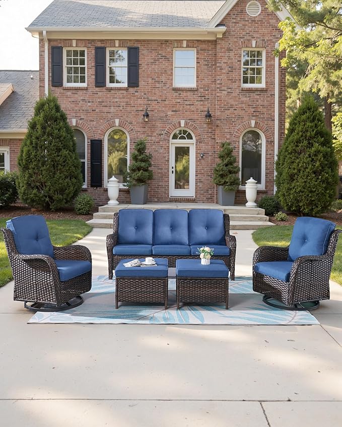 Pop 22x25/22x24 Outdoor Replacement Cushions - 1 Set High Back Deep Seat Patio Furniture Cushion for Wicker Dining Swivel Rocking Chairs Loveseat Couch Sectional Sofa - Navy Blue/Button