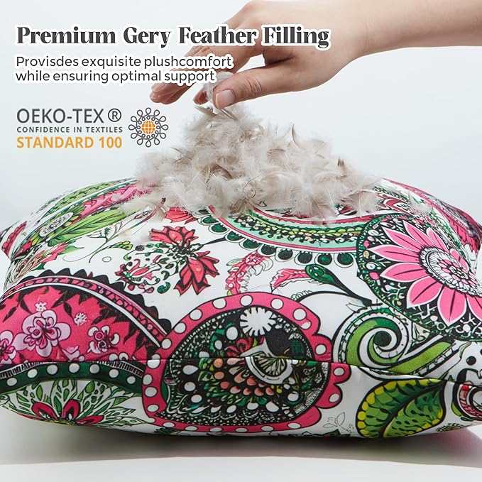 WOLKI Waterproof Outdoor Pillows 26x26 Feather and Down Filled Throw Pillow for Patio Furniture, Outside Decorative Pillow Set of 2 Flower