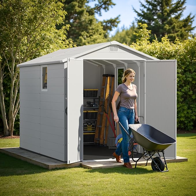 Greesum 6×10FT Plastic Outdoor Storage Shed with Floor, Resin Storaged Sheds with Lockable Double Door, Windows & Vents, All-Weather Tool Sheds for Garden, Backyard, Patio, Light Gray
