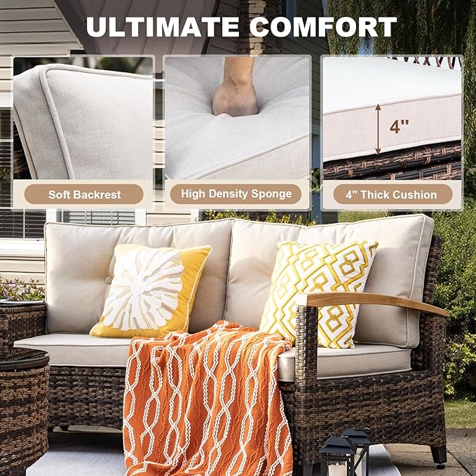 MEISSALIVVE 8 Piece Outdoor Patio Furniture Set, Half-Moon Curved Sectional Set with Wood Armrests, Patio Conversation Set, 2 Half-Moon Ottomans，Coffee & Side Tables (Brown)