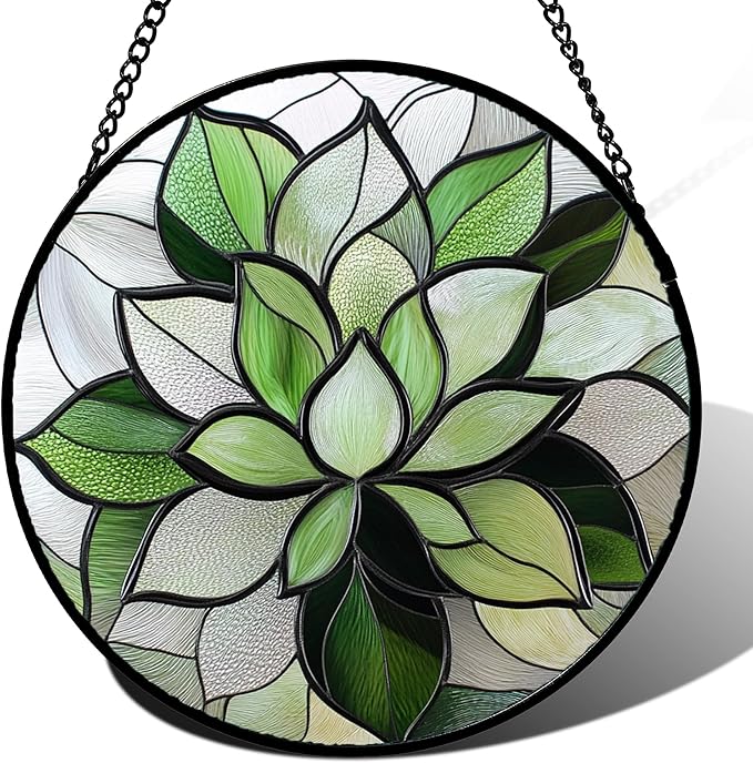 Stained Glass Window Hanging - Green Succulent Plants Suncatcher for Doors Garden Patio Floral Sun Catchers Decor Christmas Mother's Day Birthday Gifts for Women Men Mom Nana Friend 15 in