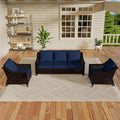 Vista Vibe 3 Pieces Outdoor Patio Conversation Furniture Set - 78" 3-seat Sofa | 2 Wicker Chairs, Deep Seat Loveseat, Removable Cushions, Hand-Woven PE Rattan Couch, Balcony (Brown/Navy)