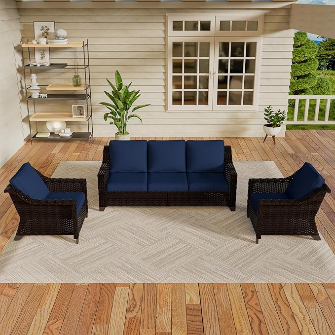 Vista Vibe 3 Pieces Outdoor Patio Conversation Furniture Set - 78" 3-seat Sofa | 2 Wicker Chairs, Deep Seat Loveseat, Removable Cushions, Hand-Woven PE Rattan Couch, Balcony (Brown/Navy)