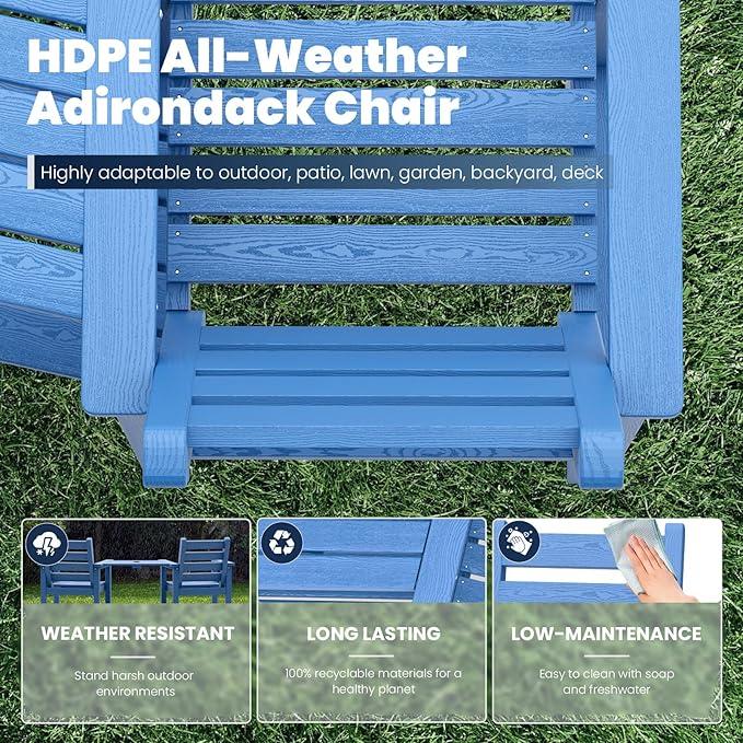 Tall Adirondack Chairs Set of 2, All Weather HDPE Poly Bar Height Balcony Adirondack Chair with Removable Double Connecting Trays, Outdoor Adirondack Barstools for Deck, Patio, Yard, Pool, Lawn