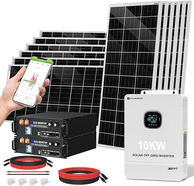 ECO-WORTHY 10KW Output 9.36KWH Off Grid Solar System Complete Kit for Home：12pcs 195W Solar Panels(2340W)+10KW 120V/240V Inverter + 2pcs 48V 100AH Lithium Batteries,for Whole Home Backup