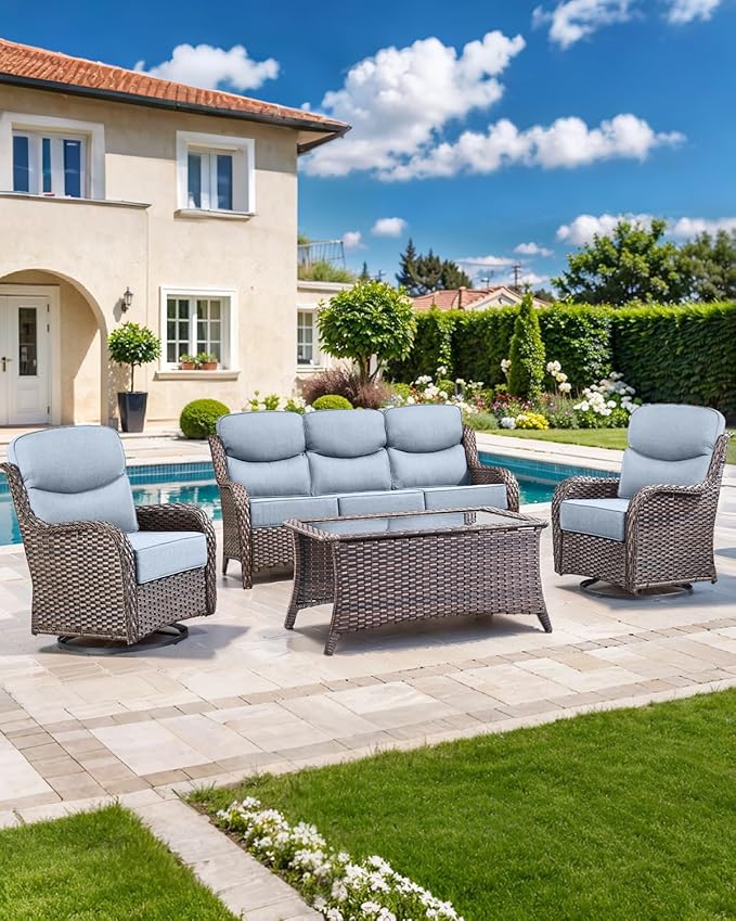 Luxury 22x24/22x25 6-Inch Smile Outdoor Sofa Cushions Set of 3 - Memory Foam Deep Seat Patio Furniture Cushions for Wicker Dining Chair Loveseat 3-Seater L-Shape Sectional Sofa - Baby Blue