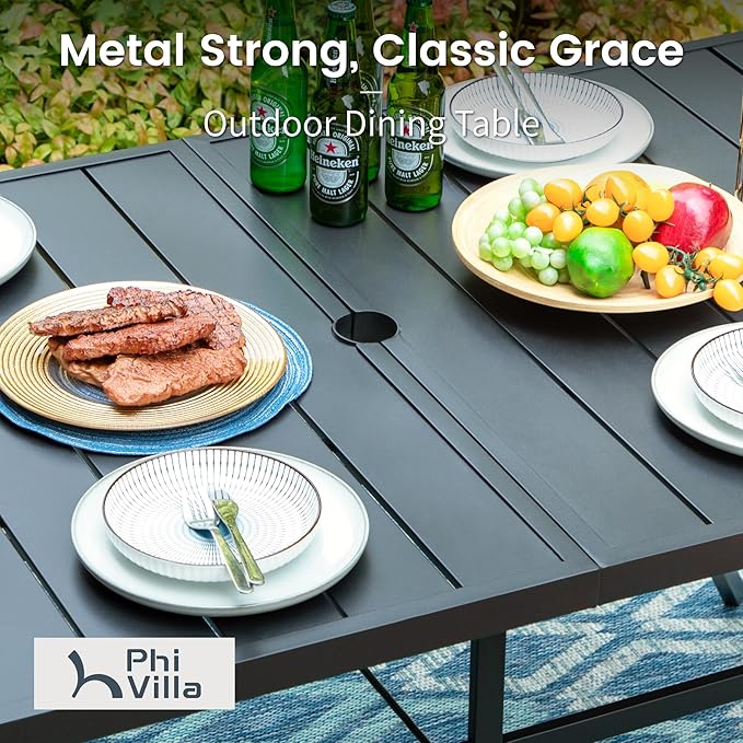 PHI VILLA Outdoor Modern Dining Table Set for 6 Dining Chairs Patio Furniture Set of 7, Metal Patio Table with Umbrella Hole & Wrought Iron Chairs for Bistro Backyard Garden