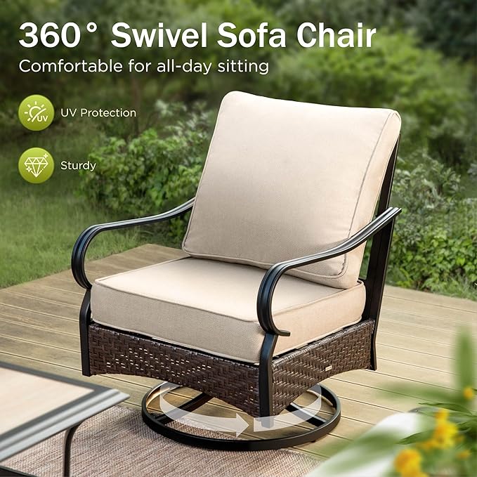 PHI VILLA Patio Swivel Chairs Set of 2, Outdoor Wicker Chairs with Thick Cushion, All Weather High Back Outdoor Furniture for Balcony Porch and Yard