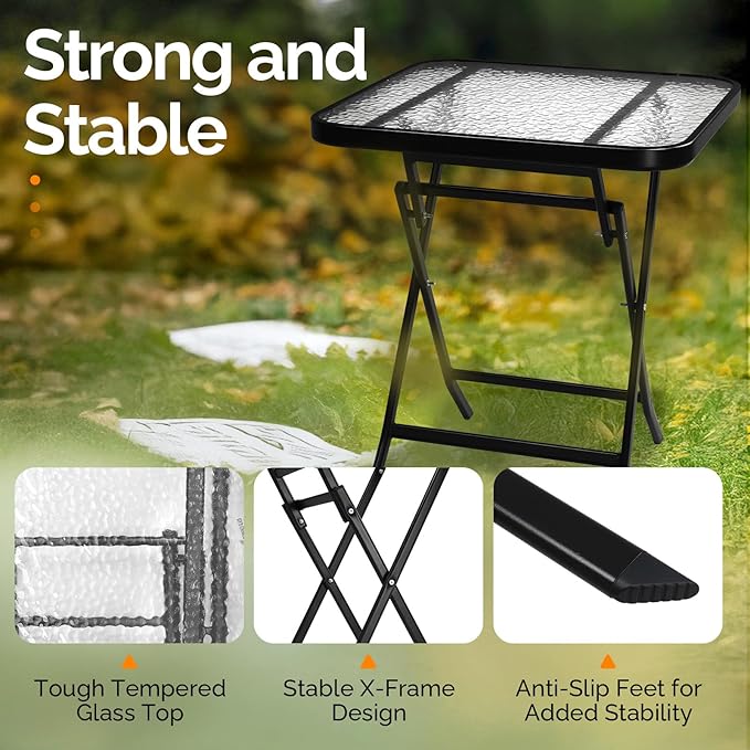 VINGLI Folding Glass Outdoor Side Table, 23.6 Inches Small Foldable Patio Bistro Table with Tempered Glass Table Top for Lawn & Garden, Balcony, Porch and Pool, Rectangular