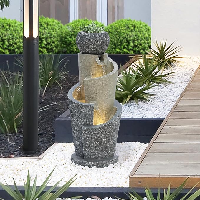 LuxenHome Outdoor Water Fountain, 27 Inch Resin Cascading Water Fountains Indoor with LED Lights, Modern Garden Decor, Small Waterfall Fountain, Outdoor Fountains and Waterfalls