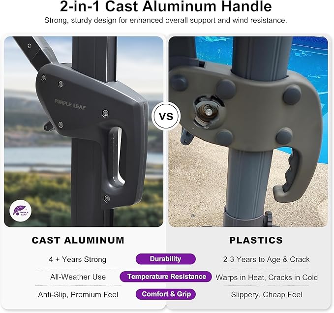 PURPLE LEAF 9 FT Cantilever Patio Umbrella with Base Outdoor Aluminum Offset Square Umbrella with 3 Years Fade Resistance Recycled Fabric and 360-degree Rotation for Deck Pool Garden, Mist Grey
