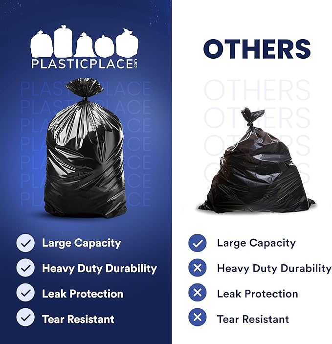 Plasticplace 55-60 Gallon Trash Bags │ 1.2 Mil │ Black Heavy Duty Garbage Can Liners │ 38” x 58” (50 Count)