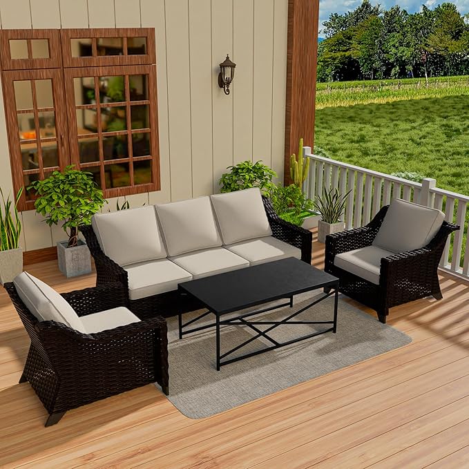 Vista Vibe 4 Pieces Outdoor Patio Conversation Furniture Set - 78" 3-seat Sofa | 2 Chairs | Metal Coffee Table, Deep Seat Loveseat, Removable Cushions, PE Rattan Couch, Lawn (Brown/Beige)