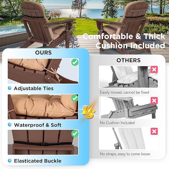 nalone Folding Adirondack Chair with Cushion with Cup Holder, HDPE Plastic Oversized Patio Chair Weather Resistant, Used in Outdoor, Fire Pit, Deck, Garden, Campfire Chairs