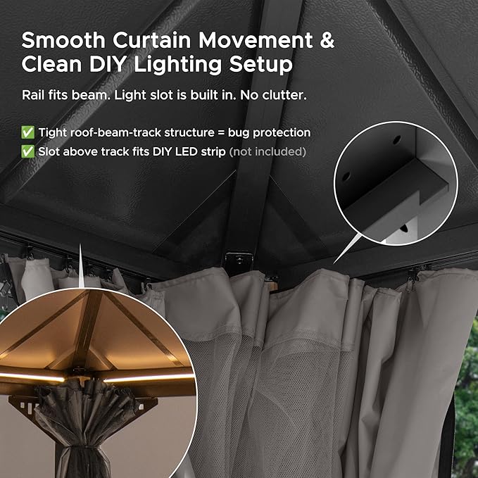 SUNJOY Kingston 12' x 12' Hardtop Gazebo with Galvanized Steel/Polycarbonate Double Roof, Curtain and Netting, Woodgrain Finish Aluminum Posts Permanent Pavilion Gazebo for Garden, Patio, Deck, Lawn
