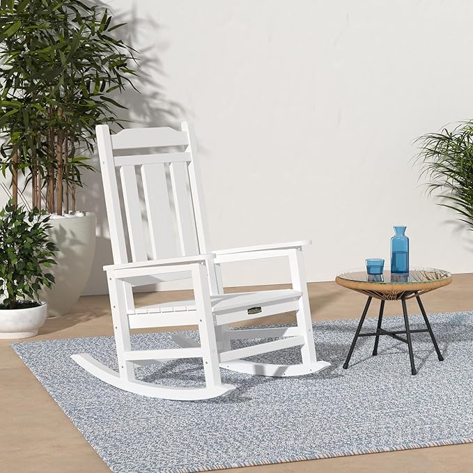 SERWALL Outdoor Rocking Chair White Set of 4, All Weather Patio Rocking Chair, HDPE Poly Rocking Chair for Adults, Heavy Duty Front Porch Rocker
