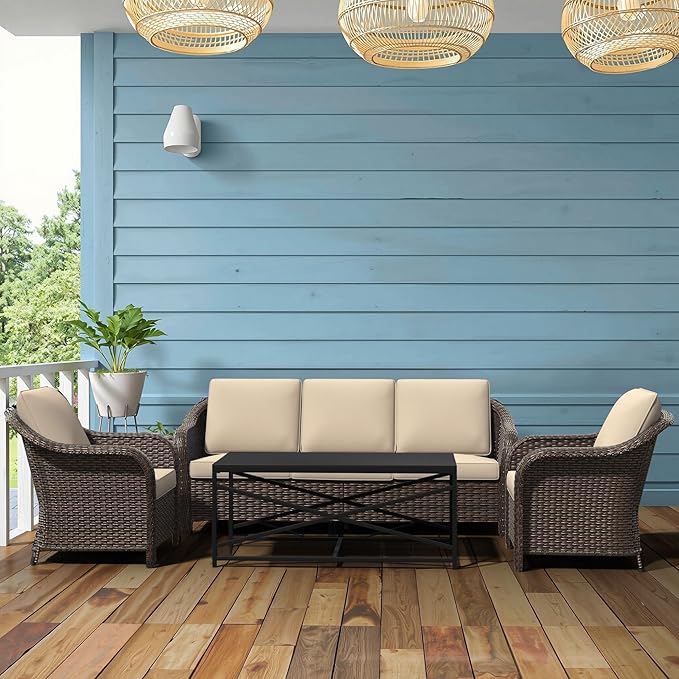 Vista Vibe 4 Pieces Outdoor Patio Conversation Furniture Set - 78" 3-Seat Couch | 2 Chairs | Metal Coffee Table, Rattan Wicker Loveseat Sofa with Washable Cushions, Garden, Deck, Terrace (Beige)