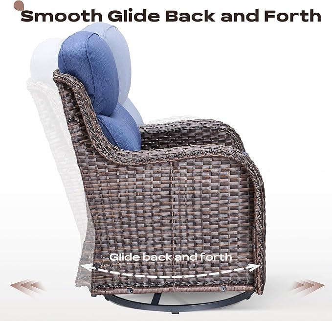 Rilyson Wicker Outdoor Patio Furniture Set - 8 Piece Patio Conversation Sets with Swivel Rocker Chairs, Ottomans, Sofa and Coffee Table, 6 inch Cushions, Deep Seating, for Porch Deck Brown/Blue