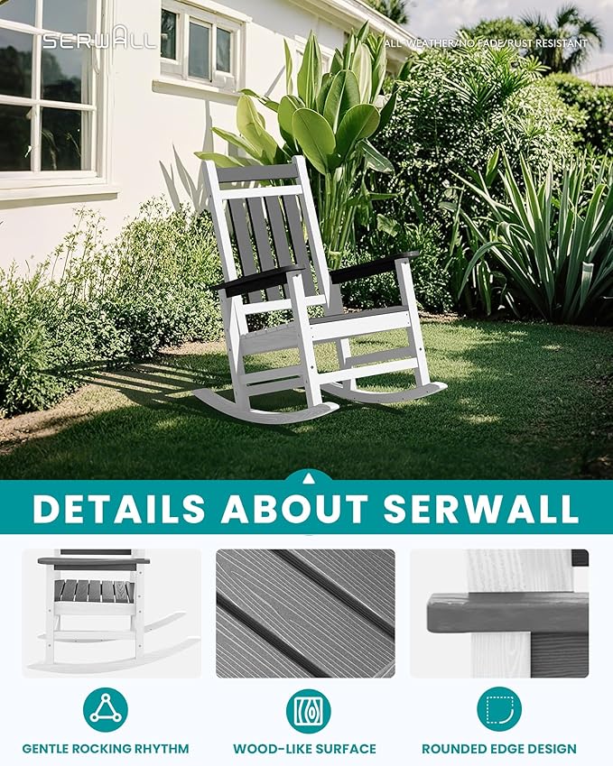 SERWALL Outdoor Rocking Chair, HDPE Rocking Chairs for Adult, All Weather Porch Rockers for Lawn Garden, Gray & White
