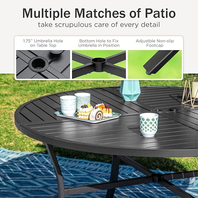 PHI VILLA 7 Pieces Outdoor Round Dining Set for 6, Large Metal Dining Table with Umbrella Hole & Cushioned Wicker Rattan Chairs, Dining Furniture Set for Patio, Deck, Yard, Porch