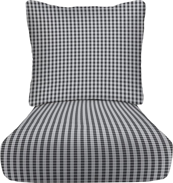 RSH DECOR Deep Seating Cushion with Pillow Back | 25” x 25.5” Seat | Water and Fade-Resistant Spun Fabric | Outdoor Chair Cushion Set for Patio Furniture | Dawson Pewter Black Plaid