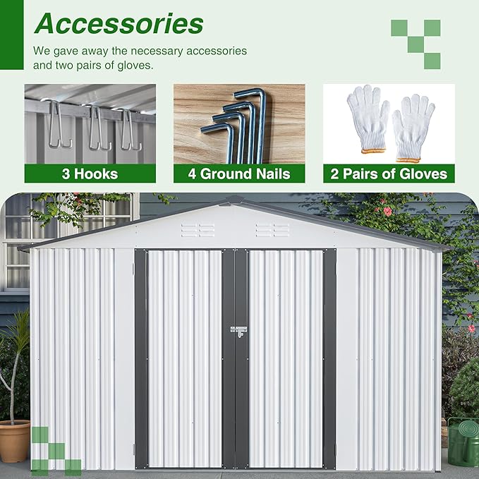 Spacious 10x8 Ft Outdoor Storage Shed with Double Doors – Durable White Resin Construction for Yard Tools, Equipment, Weather-Resistant (White, 10 x 8 ft)
