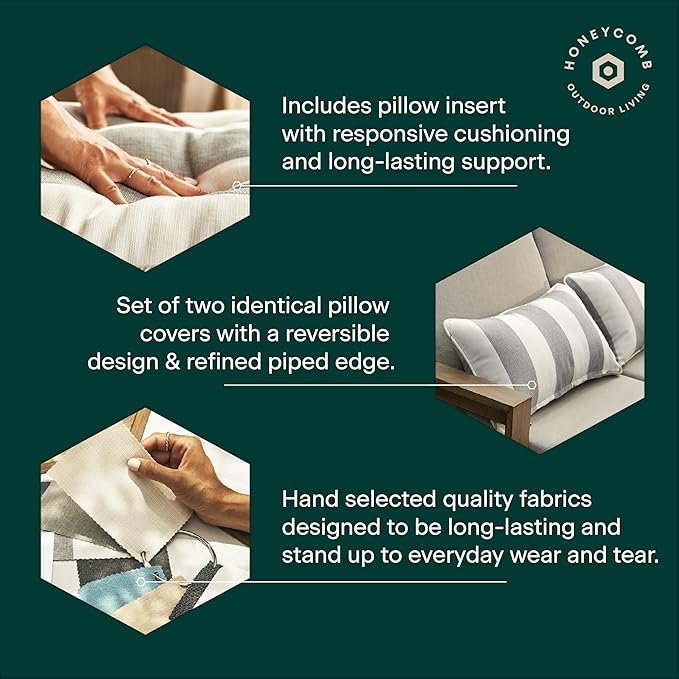 Honeycomb Outdoor Lumbar Pillow 2-Pack, 22 x 12, Hampton Texture Neutral Throw Pillows for Patio Furniture