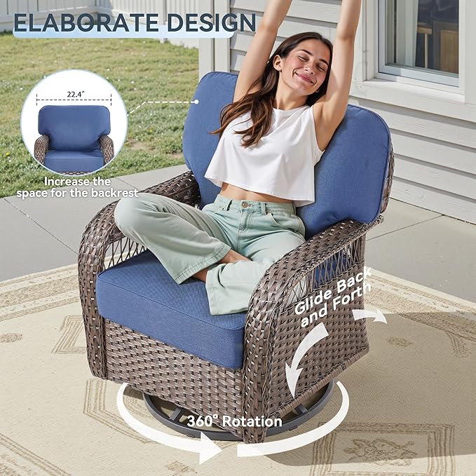 6 Pieces Patio Furniture Set Outdoor Sectional Sofa Couch with Rocking Swivel Chairs 5" Deep Seat Chairs, Modern Wicker Rattan Conversation Set, Blue/Brown Wicker