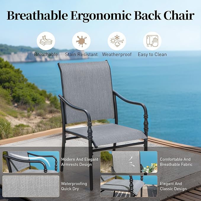Patio Table and Chairs Set of 4, All-Weather Breathable Textilene Patio Chair with Gourd-Shaped Armrests, 42x42 Wood-Like Table with Umbrella Hole, 5 Pcs Metal Frame Patio Dining Set
