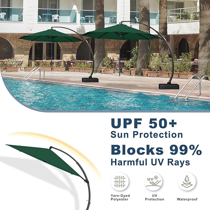 11FT Cantilever Umbrella with Base Large Curvy Outdoor Aluminum Offset Umbrella w/ 360° Rotation, UV Resistant Canopy for Patio, Garden, Backyard, Forest Green