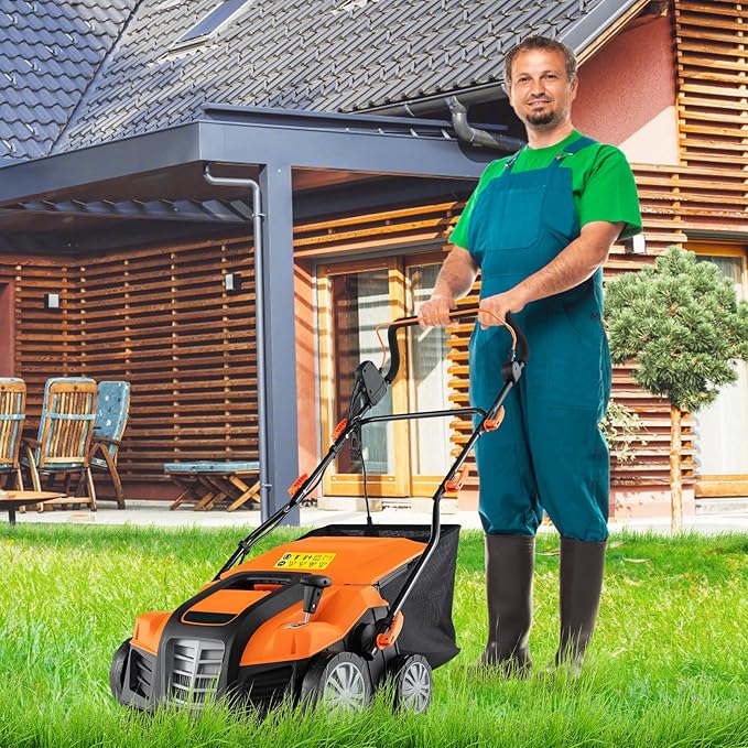 Goplus 2-in-1 Scarifier and Lawn Dethatcher, 16-Inch 15A Corded Electric Dethatcher w/ 14.5-Gal Collection Bag, 3-Position Height Adjustment & 5-Position Depth Adjustment, for Grass Garden Yard
