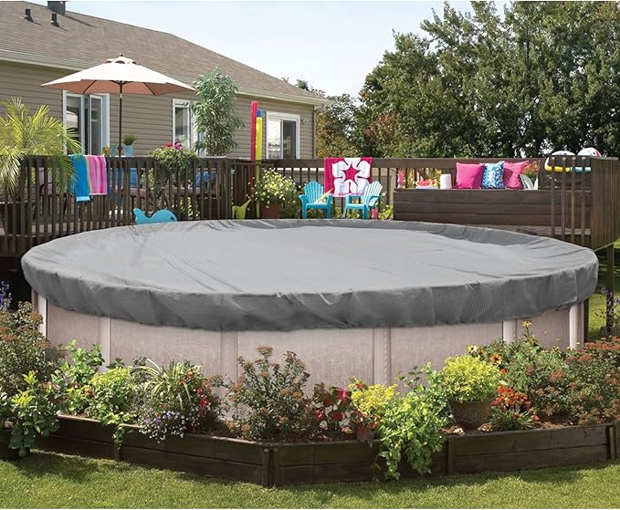 ECOOPTS 8 ft Round Pool Cover for Above Ground Pools, Swimming Pool Cover Protector Winter Safety Cover (Light Grey)