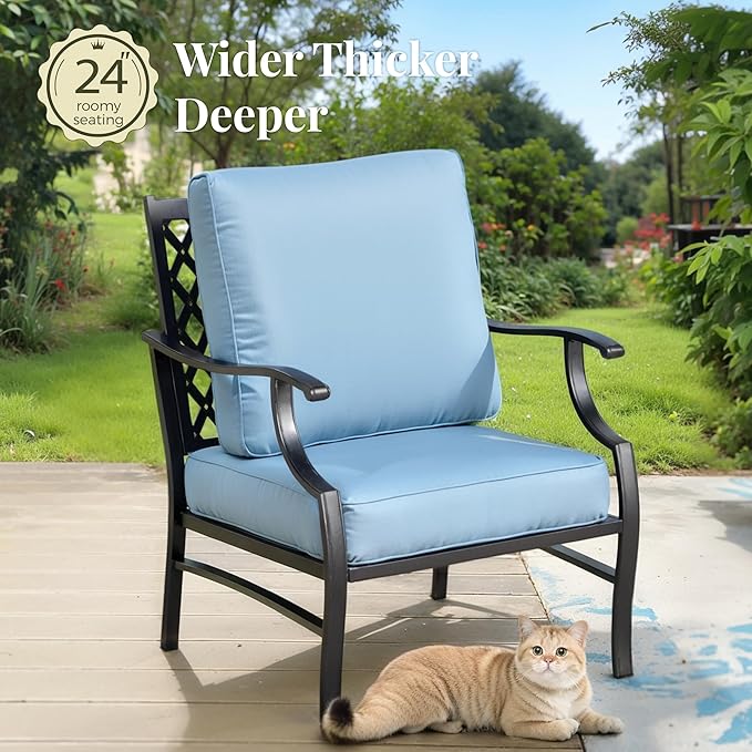 Patio Furniture Set 4 pcs, Metal Outdoor Patio Furniture, 3-Seat Sofa, 2 Single Chairs, Metal Coffee Table and 5.75" Extra Thick Cushion, Patio Conversation Set for Garden Backyard Deck,Blue