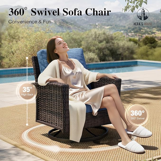 HERA'S HOUSE 8-Piece Outdoor Furniture Set with Fire Pit Table, Patio Conversation Set with 5.5-Inch Thick Cushions & High Back Swivel Chairs, All-Weather Wicker Deep Seating Sofa with Ottomans, Blue