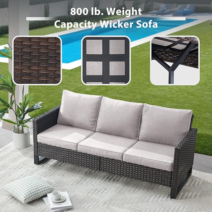 6 Piece Wicker Patio Furniture Set - Outdoor Swivel Rocker Chairs Set with Coffee Table, 3 Seat Sofa & Ottomans, Small Patio Conversation Sets Proch Furniture for Balcony Deck - Brown/Beige