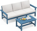 SERWALL HDPE Patio Sofa Set, 4-Piece Sectional Outdoor Furniture Set, All Weather Outdoor Couch Set Patio Furniture Set for Deck, Lawn, Blue Frame with Khaki Cushion