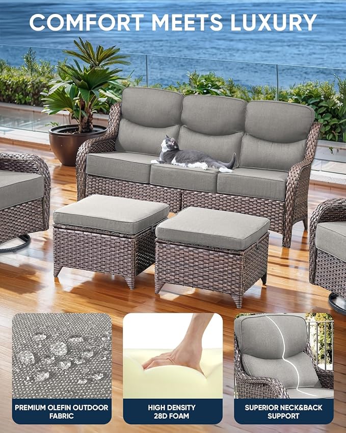 Luxury 22x24/22x25 6-Inch Smile Outdoor Seat Cushions Set of 2 - Superior Comfortable Water-Repellent Patio Chair Cushion for Rattan Dining Swivel Chairs Loveseat Sectional Sofa - Grey