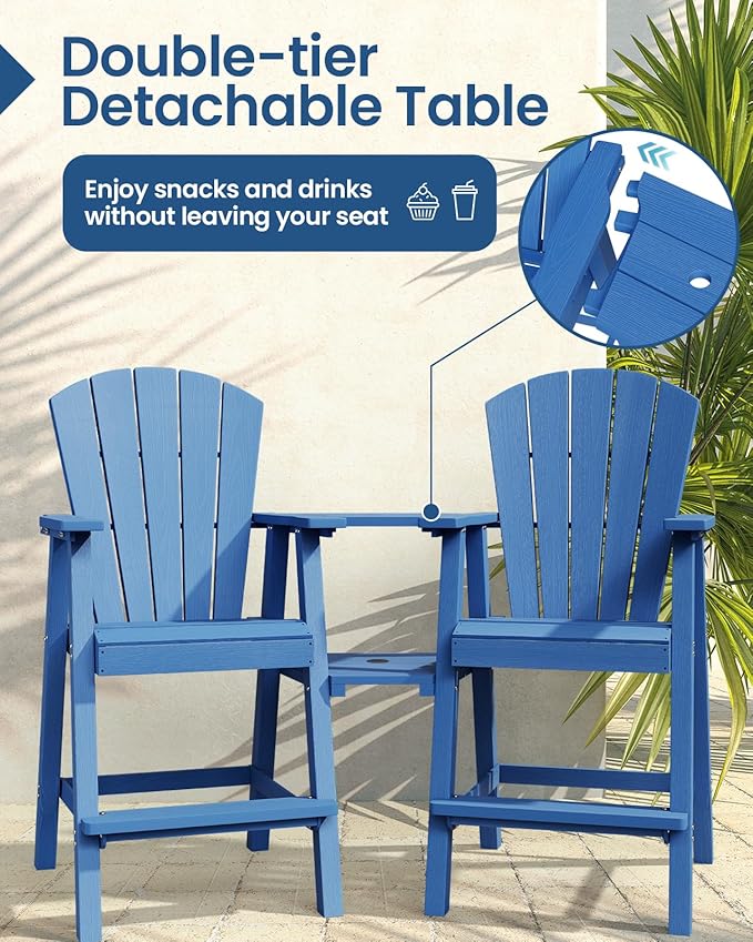 Ciokea Tall Adirondack Chairs Set of 4, HDPE Outdoor Adirondack Bar Stools with Double Connecting Tray, Weather Resistant High Back Adirondack Balcony Chairs for Deck, Lawn, Pool, Backyard, Navy Blue