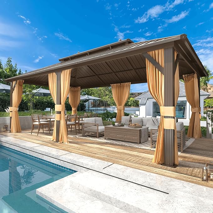 MELLCOM 12'x20' Hardtop Gazebo, Metal Double Roof Aluminum Gazebos with Curtain and Netting,Brown Permanent Galvanized Steel Pavilion for Patio, Lawn & Deck