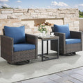 Rilyson Outdoor Patio Swivel Rocker Chairs - 3 Piece Wicker Patio Furniture Bistro Swivel Rocking Chairs Set with Comfortable Cushions,Sturdy Metal Frame and Side Table for Porch Deck(Brown/Blue)
