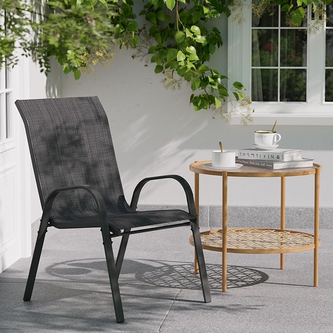 Patio Dining Chairs Set of 2, Outdoor Stackable Chairs, Breathable Seat and Alloy Steel Frame Fit for Backyard,Garden,Porch, Lawn，Poolside (Dark Grey)