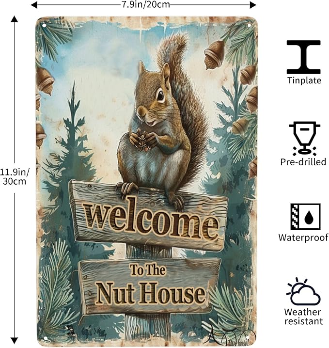 Funny Squirrels Signs Welcome To The Nut House Squirrels Stuff For Indoor Outdoor Decor 12x8 Inches (Green)