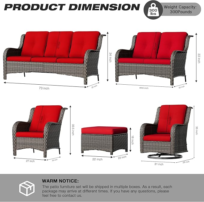 Joyside 4 Pieces Outdoor Patio Furniture Set Wicker Conversation Bistro Set 2 PE Wicker Patio Chairs with 2pcs Ottomans for Backyard, Porch, Balcony(Mixed Grey/Red)